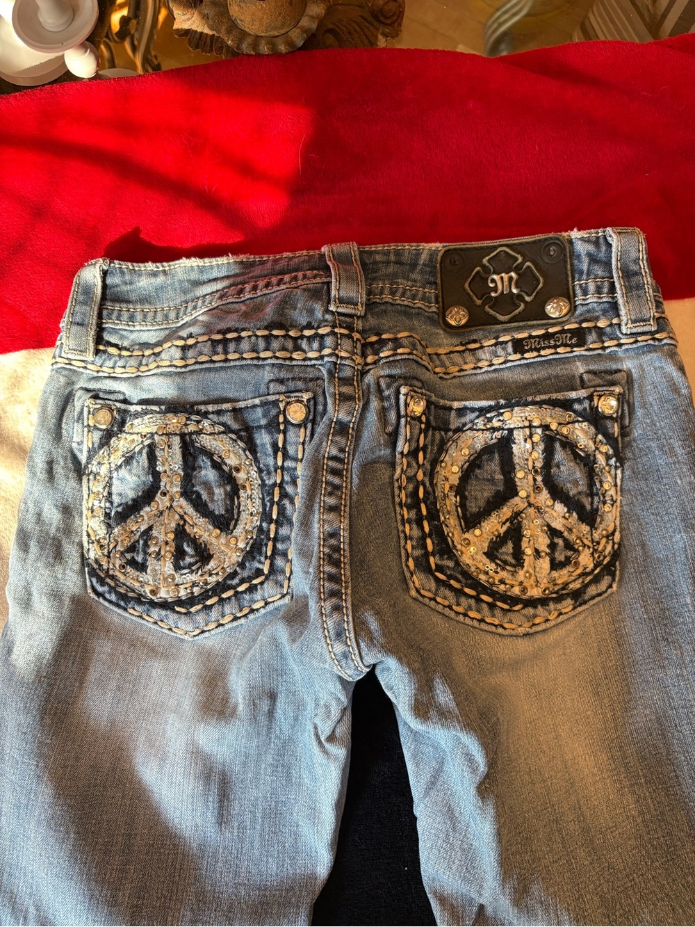 Miss Me Light Blue Denim Jeans with Sequin Peace Sign Back Pockets